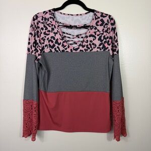 Leopard Print Crochet Sleeve Colorblock Blouse
